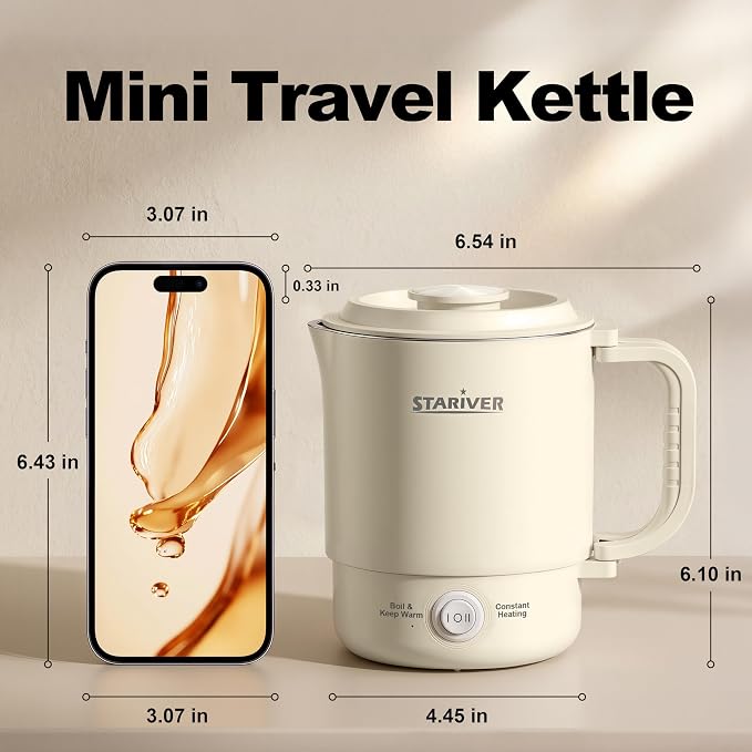 Stariver 0.6L Portable Electric Kettle, Stainless Steel Travel Kettle | Foldable Handle, Collapsible Design, Dual Power Modes, Compact for RV, Camping, Overheat & Boil-Dry Protection, Lightweight