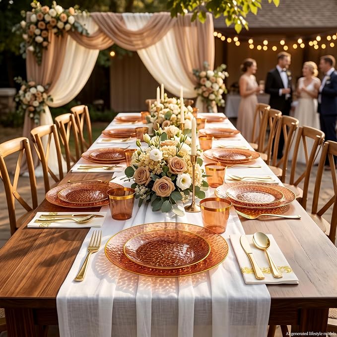 DaYammi 175PCS Clear Amber Plastic Dinnerware Set, Plastic Plates Disposable Hammered Disposable Plates for Party, Include: 25 Dinner Plates 25 Dessert Plates 75 Gold Silverware 25 Napkins 25 Cups