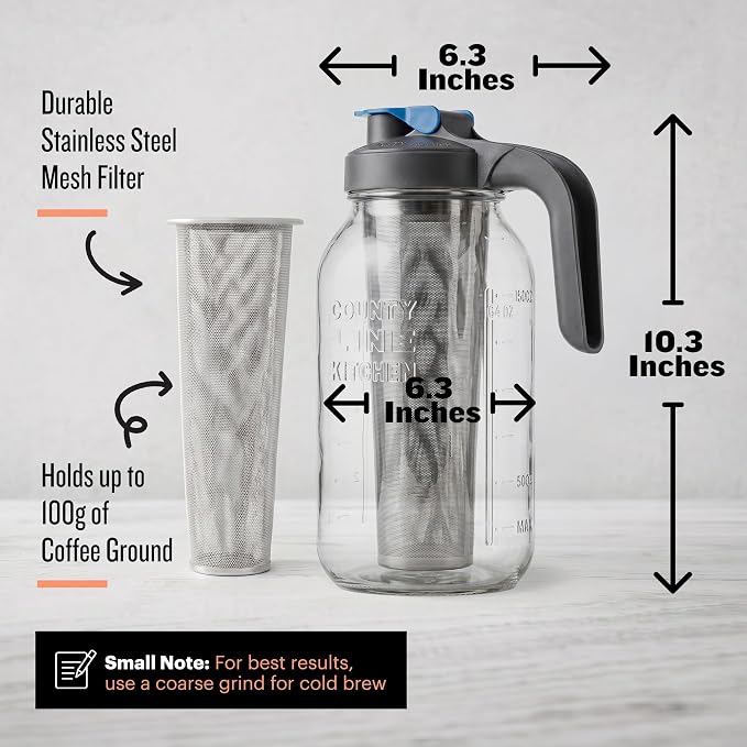 County Line Kitchen 64oz Cold Brew Coffee Maker with Leak Proof Lid - Gray | Glass Cold Brew Coffee Maker - Wide Mouth Mason Jar, Stainless Steel Filter & Leak-Proof Lid (64 oz)