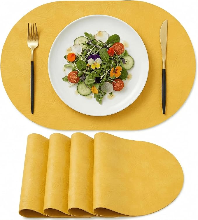 Artoid Mode Yellow Faux Leather Oval Placemats Set of 4, 12 x 18 Inch Waterproof Wipeable Heat Resistant Vinyl Place Mats, Reversible Table Mats for Kitchen Dining Decor