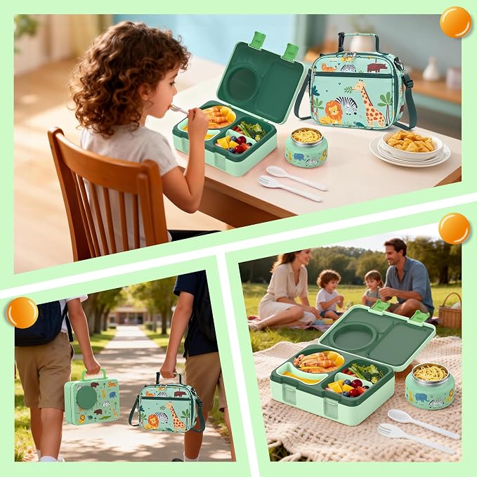 Bento Box for Kids, Leakproof Kids Lunch Box with 8.5OZ Thermo Food Jar & Lunch Bag, 3-4 Compartments Toddler Insulated Lunch Box for Boys, BPA Free Lunch Containers for School Daycare