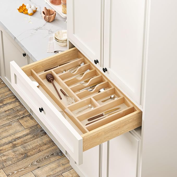 Clikuutory Natural Birch Wood Utensil Drawer Insert Organizer with 12 Compartments, Space-Saving Sturdy Drop-In Cutlery Divider Tray, Kitchen Cabinet Storage for Silverware, Spoons, Forks and Knives