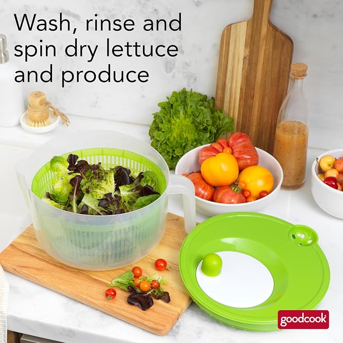 GoodCook Deluxe Salad Spinner - 6 Qt. Capacity, Easy Turn Knob, Built-In Pour Spout, Multi-Use Basket, Durable and Dishwasher-Safe, Large Capacity, Green
