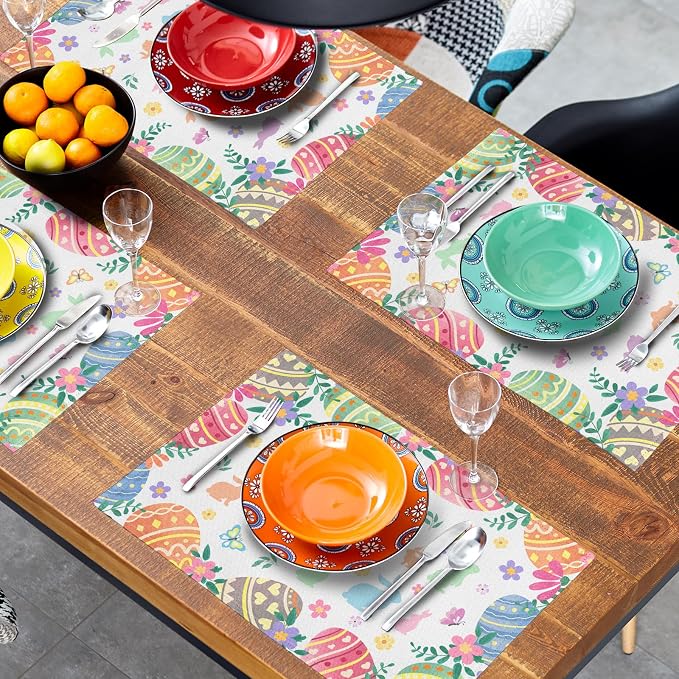 Easter Placemats Set of 4 Colorful Eggs Flowers Easter Bunny Rabbits Heat Resistant Washable Spring Seasonal Table Mats 12x18 Inch for Holiday Party Kitchen Dining Decoration