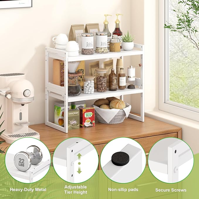 Expandable Cabinet Shelf Organizer, Stackable Kitchen Counter Shelf, White | Space Saving Metal Pantry Storage Racks for Kitchen Spice Rack Pans and Untensils Bathroom Office Organization, 1-Tier