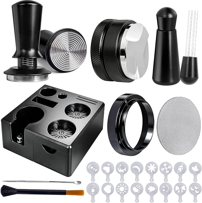 9 PCS 51mm Espresso Accessories Kit with Tamper Station | Coffee Tamper Set with WDT Tool, Distributor, Puck Screen, Dosing Funnel, Espresso Tool Kit for 51mm Portafilter