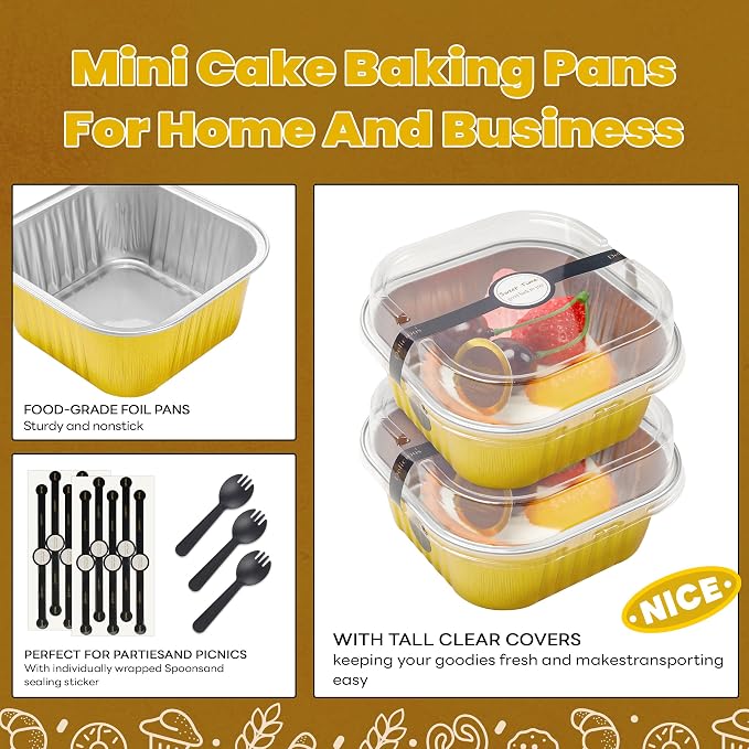 NPLUX Square Aluminum Pans with Lids, 50 Pack Gold for Dessert Displays | Fits bars, pudding, crumble and layered desserts; organized pieces help speed up service lines.