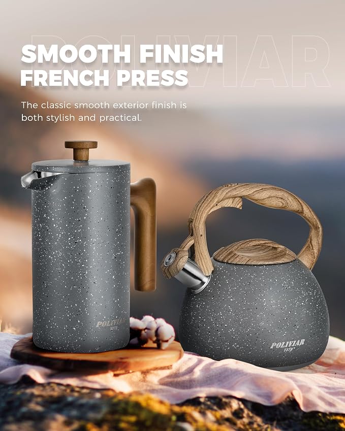 POLIVIAR French Press Coffee Maker, 34 Ounce Coffee Press with Real Wood Handle, Double Wall Insulation & Dual-Filter Screen, Food Grade Stainless Steel for Good Coffee and Tea (Lava) | Real Wood Handle Coffee Press, Double Wall Insulation, Dual-Filter...