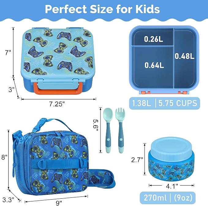 Kids Lunch Box Set with Bento Box, 9oz Stainless Steel Thermo & Insulated Lunch Bag – Hot & Cold Leakproof Lunch Container with Utensils for School & Travel, Blue Set