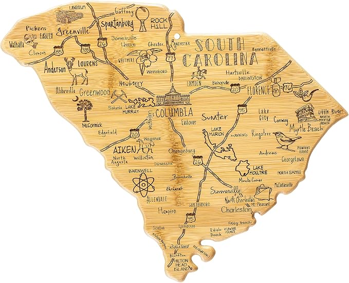 Totally Bamboo Destination South Carolina State Shaped Cutting Board | State charcuterie serving board with engraved map artwork. Smooth reverse side for food prep. Hang tie for wall display.