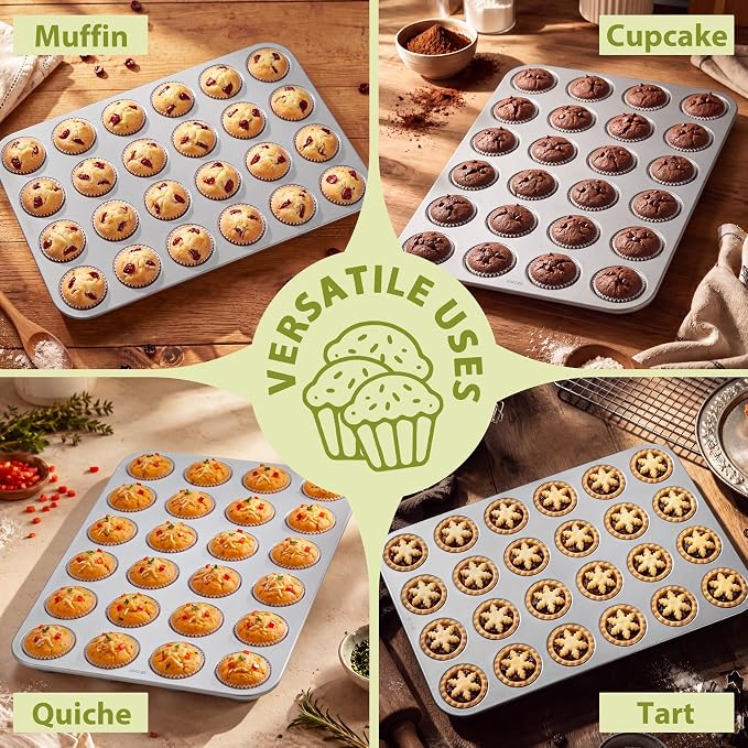 TeamFar Mini Muffin Pan, Stainless Steel 24-Cup Muffin Tin for Baking- 2PCS | Small Cupcake Pan Tray for Egg Bites Mini Cakes Quiches, Brunches Parties Birthday Treats, Healthy & Sturdy, Dishwasher Safe