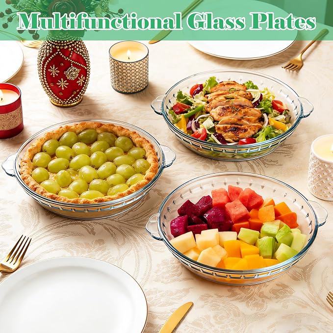 3 PCS Glass Pie Plate 9 Inch, Glass Pie Pan with Handles, 9 Inch Pie Dish for Baking, Glass Pie Plate for Baking Quiches, Tarts, Desserts, Oven & Freezer Safe Kitchen Accessories