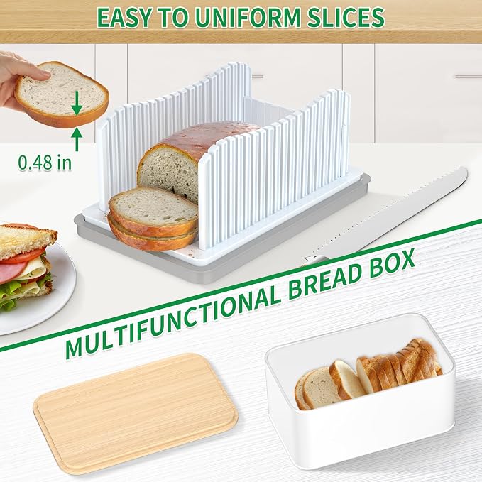 CAWIU Bread Slicer for Homemade with Box, Foldable Bread Slicing Guide | Compact Bread Cutter with Crumb Tray, Adjustable Width Bread Cutting Guide for Loafs, Sandwiches, Bagels, and Cakes