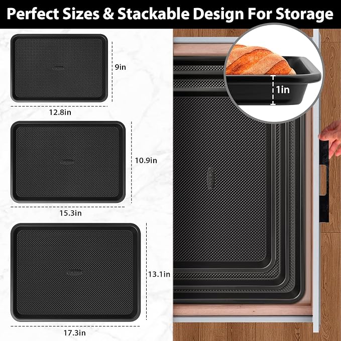 Nonstick Baking Sheet Set with Cooling Rack, 4-Piece Cookie Sheets for Baking, 0.8mm Heavy Duty Carbon Steel Oven Pans, Ceramic Coated Half Sheet, Jelly Roll Pan & Quarter Sheet, PFOA/PTFE Free