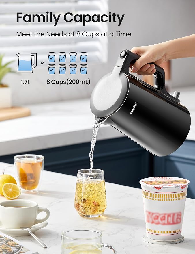 COMFEE' 1.7L Double Wall Stainless Steel Electric Kettle