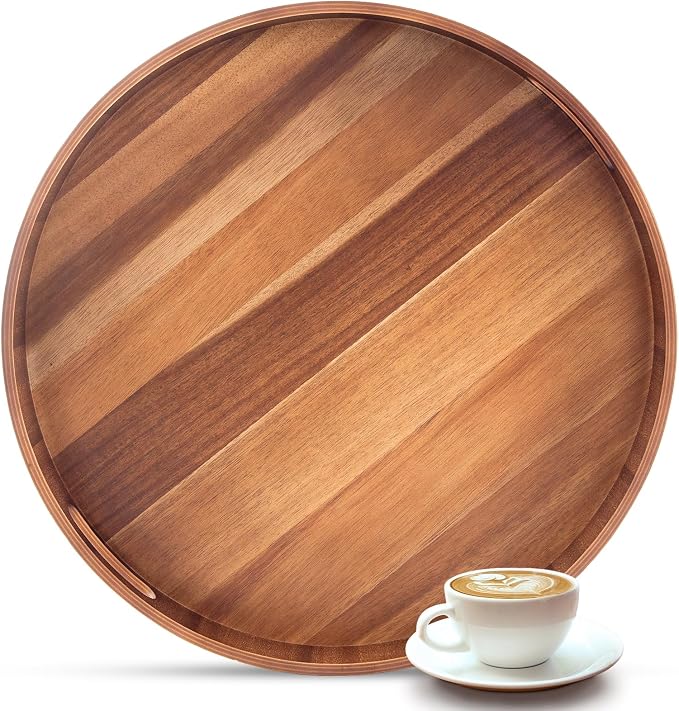20 Inch Ottoman Coffee Table Tray with Handles, Large Round Wooden Serving Tray, Big Decorative Kitchen Organizer Giant Sofa Storage Trays Huge Counter Serveware