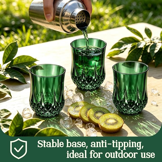 24 Pack 12 Oz Plastic Stemless Wine Glasses, Dark Green | Unbreakable, Reusable, Elegant Vintage Design, Fancy Cocktail Cups, Whiskey, Champagne, Wedding, Party, Bars, Holiday Events