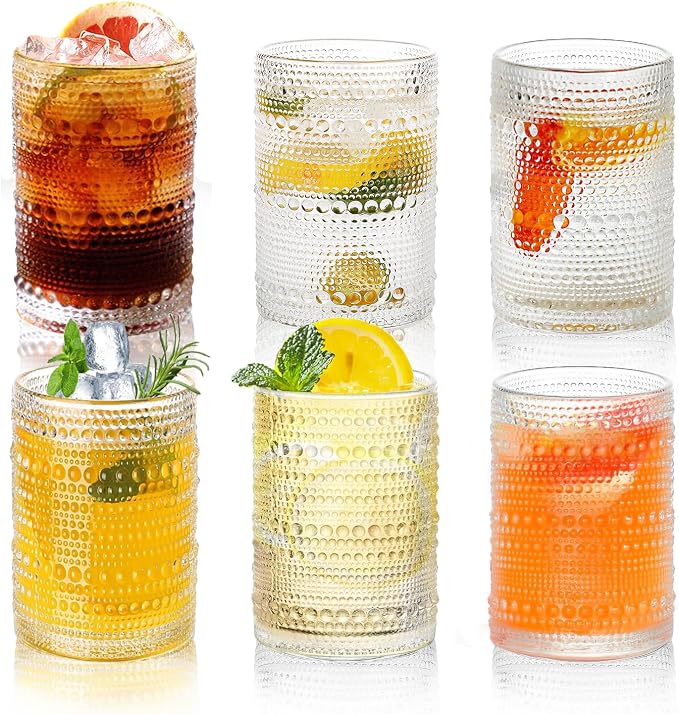 Hobnail Drinking Glasses Set of 6, 16 Oz Vintage Embossed Glass Cup Kitchen Glassware Water Tumblers for Cocktails, Beer, Juice, Whiskey