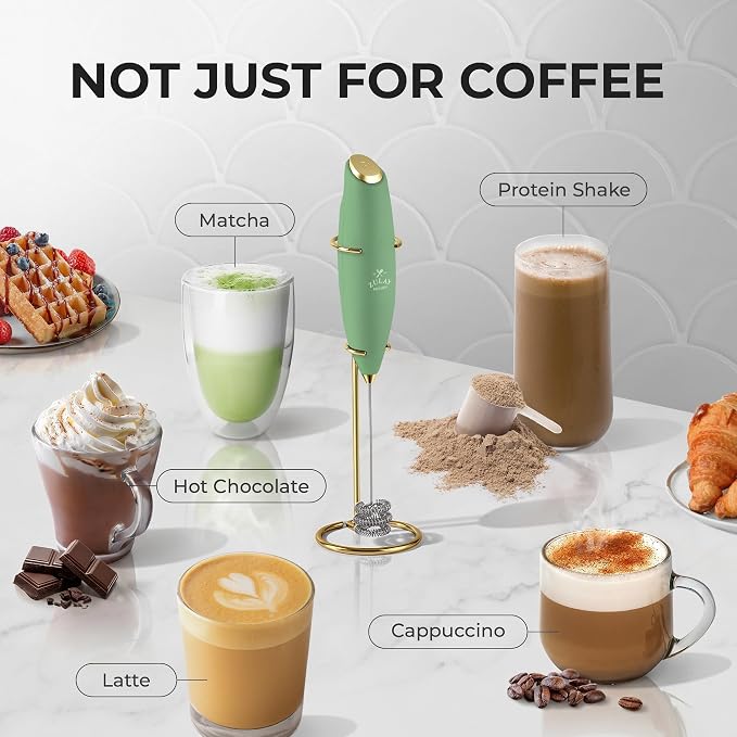 Zulay Kitchen Powerful Milk Frother Wand With Duracell Batteries - Ultra Fast Handheld Drink Mixer - Electric Whisk Foam Maker for Coffee, Lattes, Cappuccino & Matcha - Triple Whisk - Olive Gold
