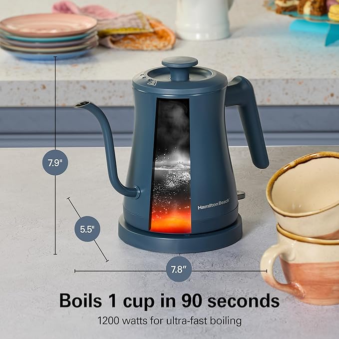 Hamilton Beach Compact 20 oz. / 0.6 Liter Gooseneck Electric Kettle | Boiling Water, Pour Over Coffee, Tea | 1200 Watts | Auto Shutoff | Stainless Steel BPA-Free Interior | Kitchen Makeover Blue