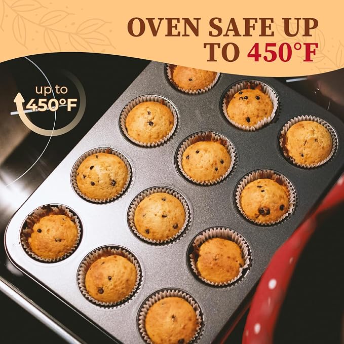 CARTMAN 2-Pack 12-Cup Muffin Pan Set, Carbon Steel Nonstick Cupcake Tin | Includes 200 liners, durable carbon steel, nonstick release, for cupcakes, muffins, egg bites, brownies, oven safe 450°F