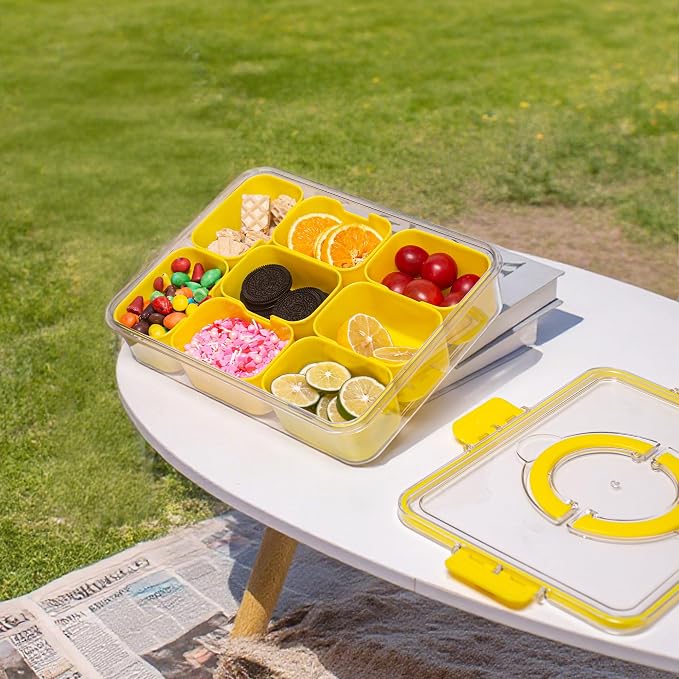 Dingerjar Divided Serving Tray with Lid and Handle - Snackle Box Charcuterie Container for Portable Snack Platters Organizer for Candy, Fruits, Nuts, Snacks - Perfect for Party, Entertaining, Yellow