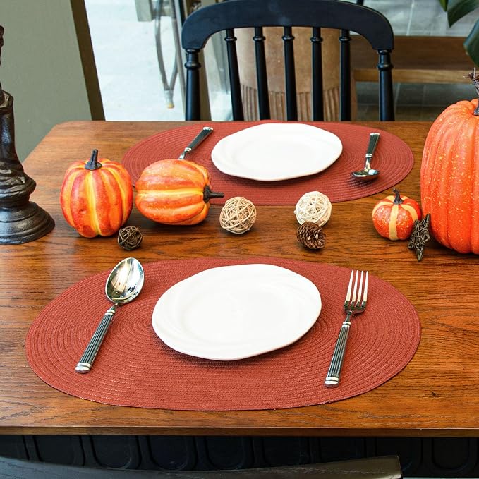 Placemats Set of 6, Woven Oval Braided Dining Table Mats(Rust Orange) | 12 x 17.5 Inch Size Fits Plates and Flatware; Hand Washable and Heat Resistant for Kitchen Use, with Farmhouse and Boho Style