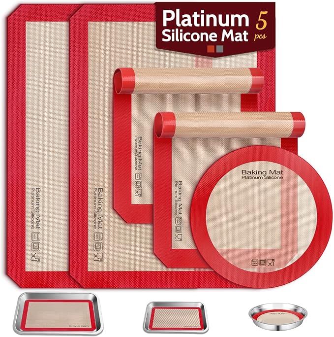Silicone Baking Mat, Non-Stick Platinum Silicone Baking Sheet, 5 Pcs Red | Reusable, Food-Grade, Heat Resistant to 480℃, Dishwasher Safe, Half-sheets, quarter-sheets, and round mat Set, Versatility