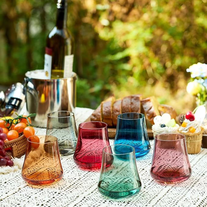 Colored Stemless Wine Glasses, 15oz Set of 6 | 6 Colorful No Stem Tumblers, Hand Blown Lead-Free Crystal, Stable Base, Party Wedding Dinner Daily Use, Ready to Gift
