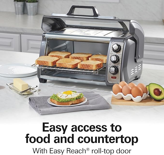 Hamilton Beach Easy Reach 6 Slice Countertop Convection Toaster Oven | Roll-Top Door For Easy Access | Bake, Broil & Toast Functions | 150 to 450ºF Adjustable Temp | Auto Shutoff | Silver