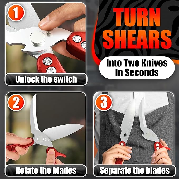 Kitchen Shears Heavy Duty, Safety Lock, Stainless Steel (Red) | Poultry Shears for Chicken, Turkey, Spatchcock, Fish; Bone Cutting Scissors, Micro-Serrated, Spring-Loaded, Separate to Clean