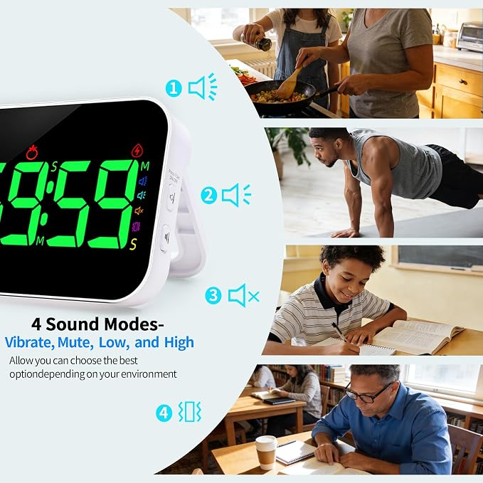 Digital Timer for Classroom, Pomodoro & Kitchen, Rechargeable Magnetic Countdown Timer with Large LED Display, Loud Alarm, 3 Volume Levels, Vibration Mode & 3 Brightness Settings