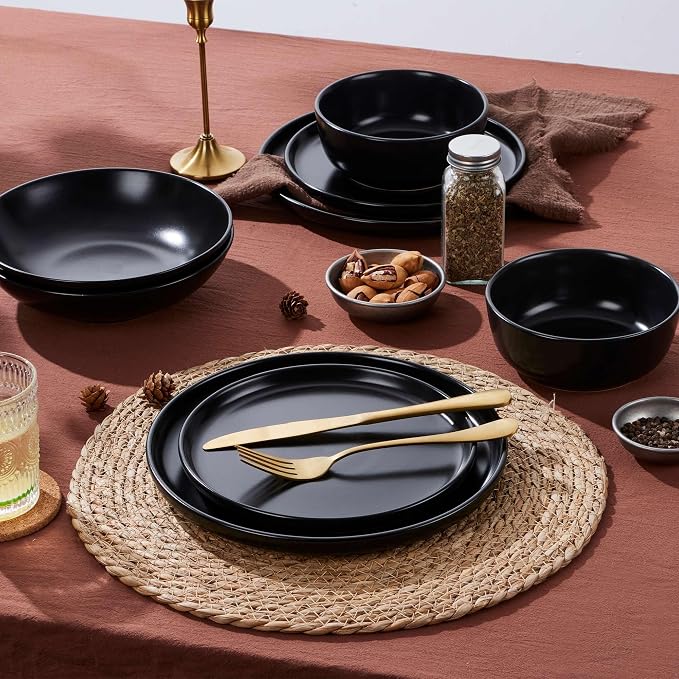 LIANYU 16 Piece Dinnerware Sets with Double Bowls for 4, Black Onyx | Modern Ceramic Plates and Bowls Set , Kitchen Round Dinning Ware Dishware Set, Microwave and Dishwasher Safe