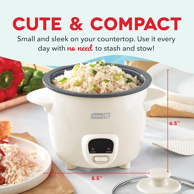Dash Mini Rice Cooker, 2-Cup Removable Ceramic Nonstick Pot, Cream | Small Rice Cooker, Rice Maker for One, Keep Warm Function, Cooks Oatmeal, Quinoa & Grains
