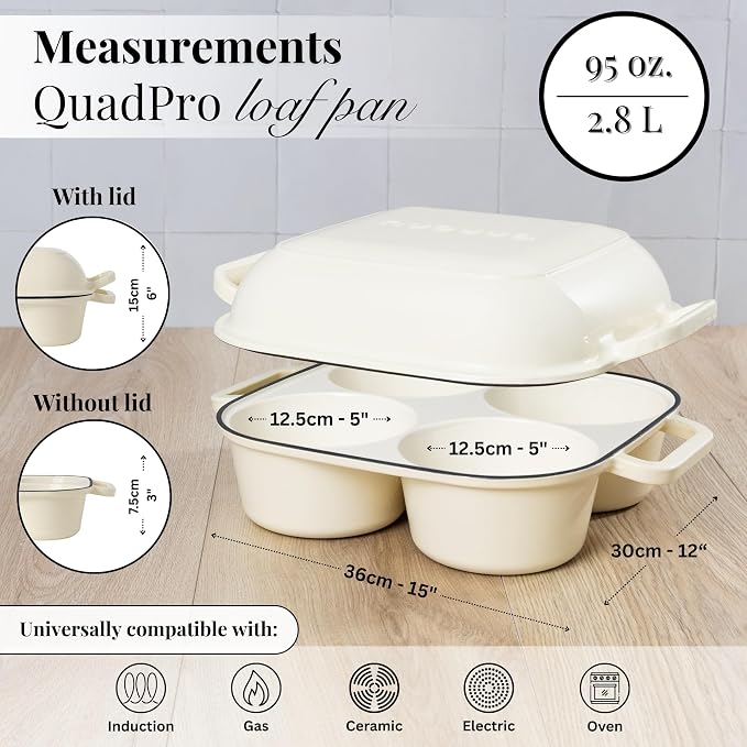 QuadPro Enamelled Cast Iron Bread Loaf Pot – Dutch Oven for Sourdough Bread Baking – 500°F Oven Safe Non Stick Bread Pot – 4 Round Loaf Spaces (4.90-inch Diameter), Cream – by Nuovva