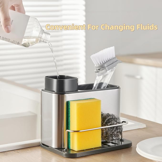 LIBODOUR 3-in-1 Kitchen Sink Caddy,Dish Soap Dispenser with Sponge Holder | Stainless Steel Dish Brush Scrubber with Sponge Holder for Kitchen & Bathroom