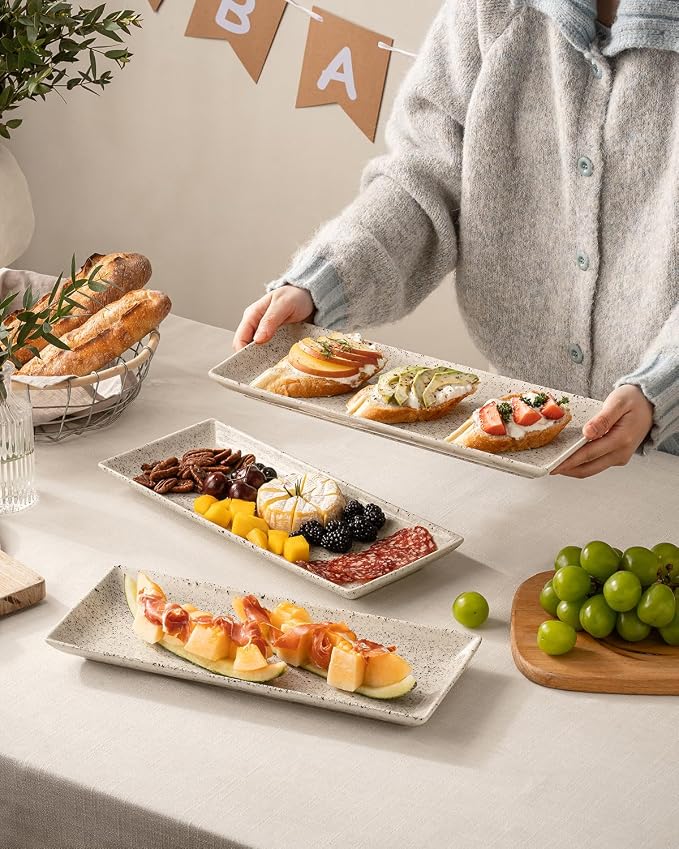 LAUCHUH 3 Tier Serving Trays for Party, Porcelain Tiered Serving Tray Stand | 14 inch Serving Platters with Collapsible Sturdier Rack Serving Plates for Halloween Thanksgiving Christmas, Speckled Glaze