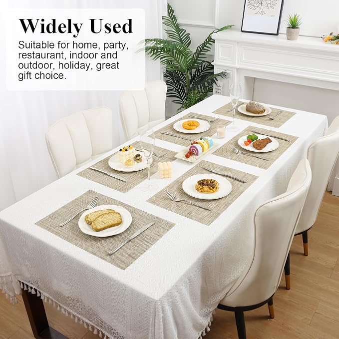 SHACOS Placemats Set of 6 Woven Vinyl Place Mats Wipeable Heat Resistant Stain Resistant Table Mats Indoor Outdoor, Beige