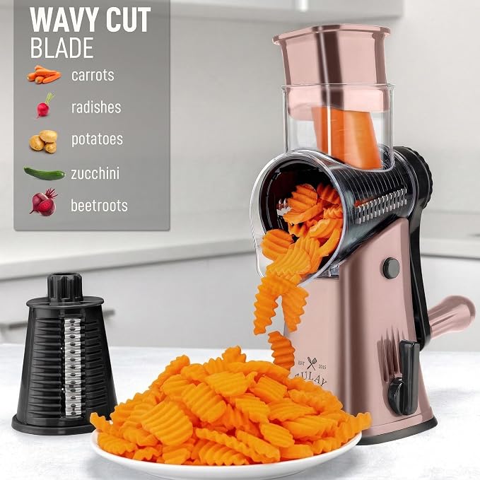 Zulay Kitchen Rotary Cheese Grater 5 Blade Cheese Shredder - Manual Hand Crank Cheese Grater With Reinforced Suction & 5 Interchangeable Drums - Easy to Use, Vegetable Chopper Round Mandoline Slicer