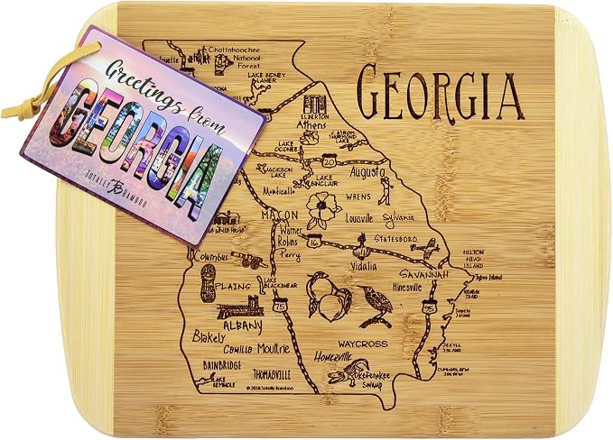 Totally Bamboo A Slice of Life Georgia Engraved Map Cutting Board | 11” x 8.75” charcuterie board with engraved state map artwork. Smooth reverse side for food prep. Hang tie for wall display.