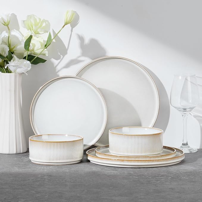 E-far Stoneware Dinnerware Sets for 2, 6-Piece Plates and Bowls Sets, Beige | Plate Set for 2, Chip & Scratch Resistant Ribbed Dish Set for Home Restaurant, Microwave & Dishwasher Safe, Creamy Beige