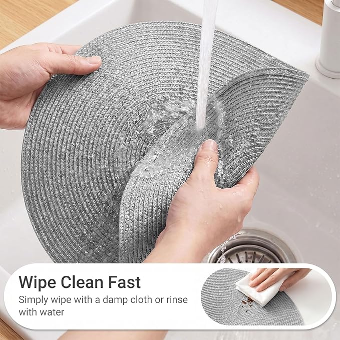 FunWheat Round Braided Placemats Set of 6 Table Mats for Dining Tables Woven Washable Non-Slip Place mats 15 inch(Grey, 6pcs)