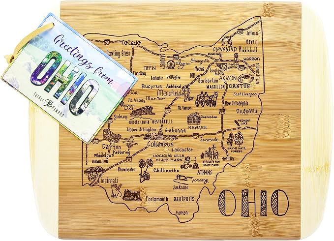 Totally Bamboo A Slice of Life Ohio Engraved Map Cutting Board | 11” x 8.75” charcuterie board with engraved state map artwork. Smooth reverse side for food prep. Hang tie for wall display.