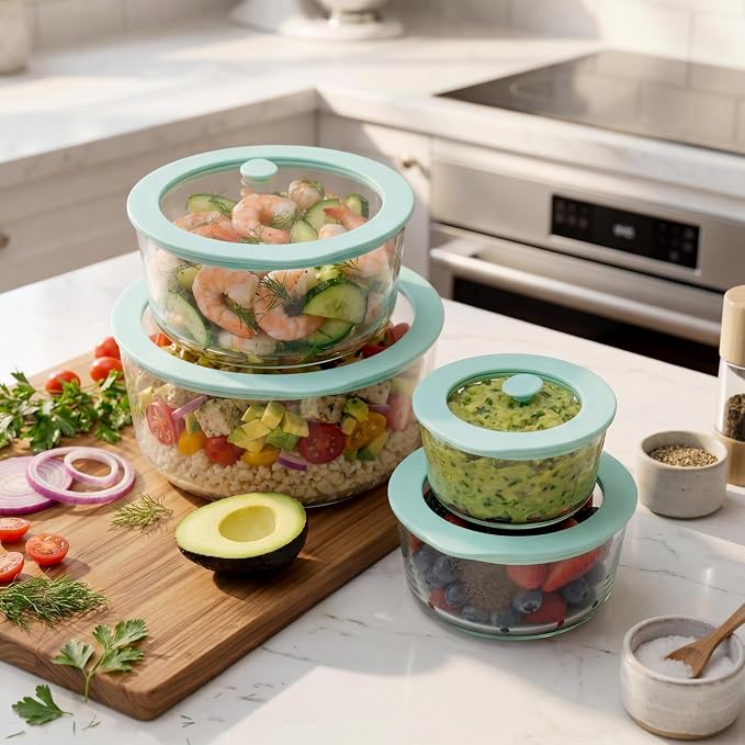 Glass Food Container Set with Glass Lid, 4 Pack, Meal Prep Containers with Silicone Framed Airtight Lid, Leakproof, 100% Plastic Free,