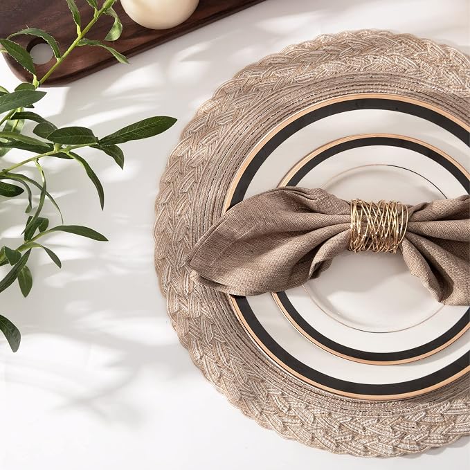 SHACOS 15 inch Round Placemats Set of 6 Boho Woven Braided Border Table Mats Washable Heat Resistant Circle Place Mats for Dining Table, Beige