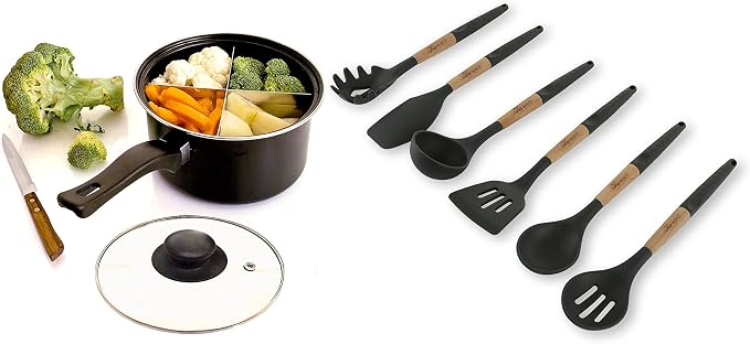 Silicone Cooking Utensils Set 6 Piece – Heat Resistant up to 480°F, BPA Free & Non-Scratch Kitchen Tools with Natural Wood Handles, Dark Gray