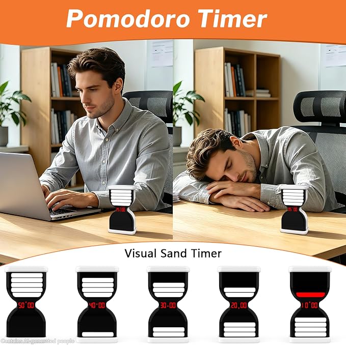 Pomodoro Timer for Productivity, Visual Digital Hourglass Timer | 5/25Min Preset, Custom Countdown Count-up, On/Off, Loud Alarm Mute, Rechargeable Flip Timer for ADHD Tool Study Work Kitchen