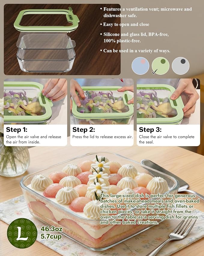 1-Pack Glass Food Storage Containers with Tempered Lids, 5.7Cup Borosilicate Glass Meal Prep Containers, Airtight & Oven-Safe (-4°F~950°F), BPA-Free, （Olive green）