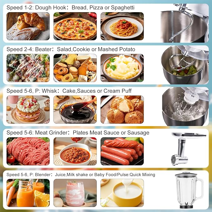 3-in-1 Stand Mixer with Meat Grinder Juicer for Kitchen | 6 Quart Tilt-Head Electric Mixer with Stainless Steel Bowl, 6+P Speeds, Dough Hook, Beater & Whisk