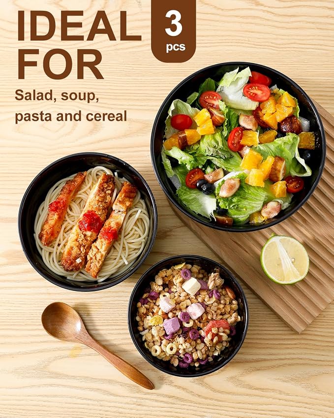 HASENSE Black Ribbed Porcelain Serving Bowls Set of 3 | 0.5/1/1.5 Qt Stackable Nesting Mixing Bowls, Large Prep Salad Pasta Fruit Bowls for Kitchen Baking Cooking Storage